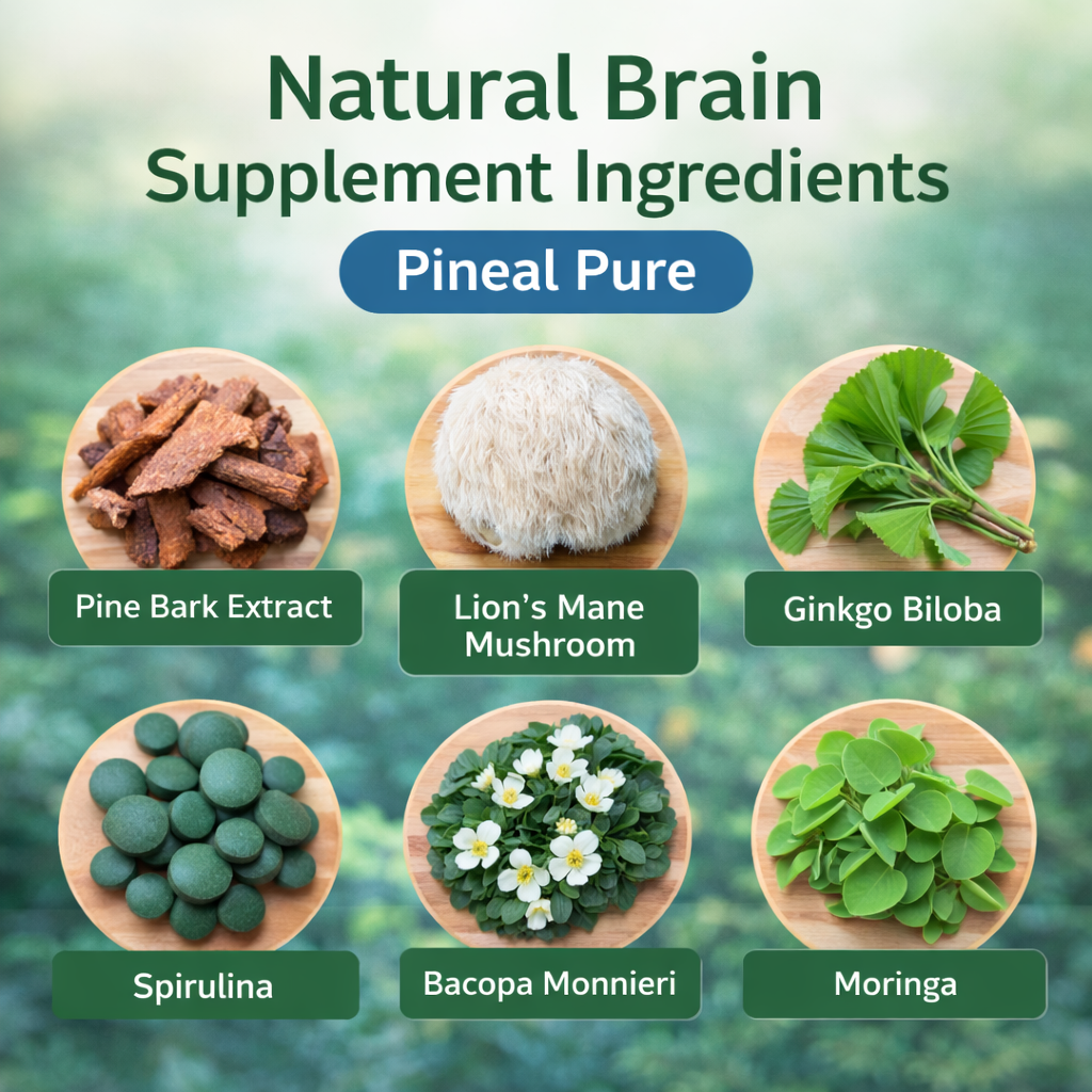 Pineal Pure ingredients infographic showing ginkgo biloba lion’s mane spirulina and bacopa brain health supplement