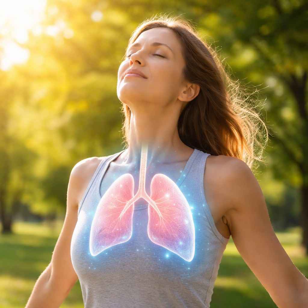 Pulmo Balance review showing improved breathing and healthy lungs in fresh air sunlight