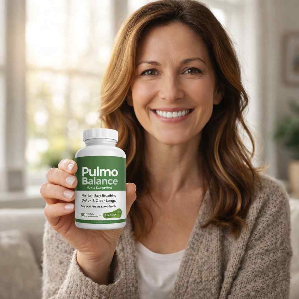 Pulmo Balance review happy customer holding supplement improved breathing testimonial