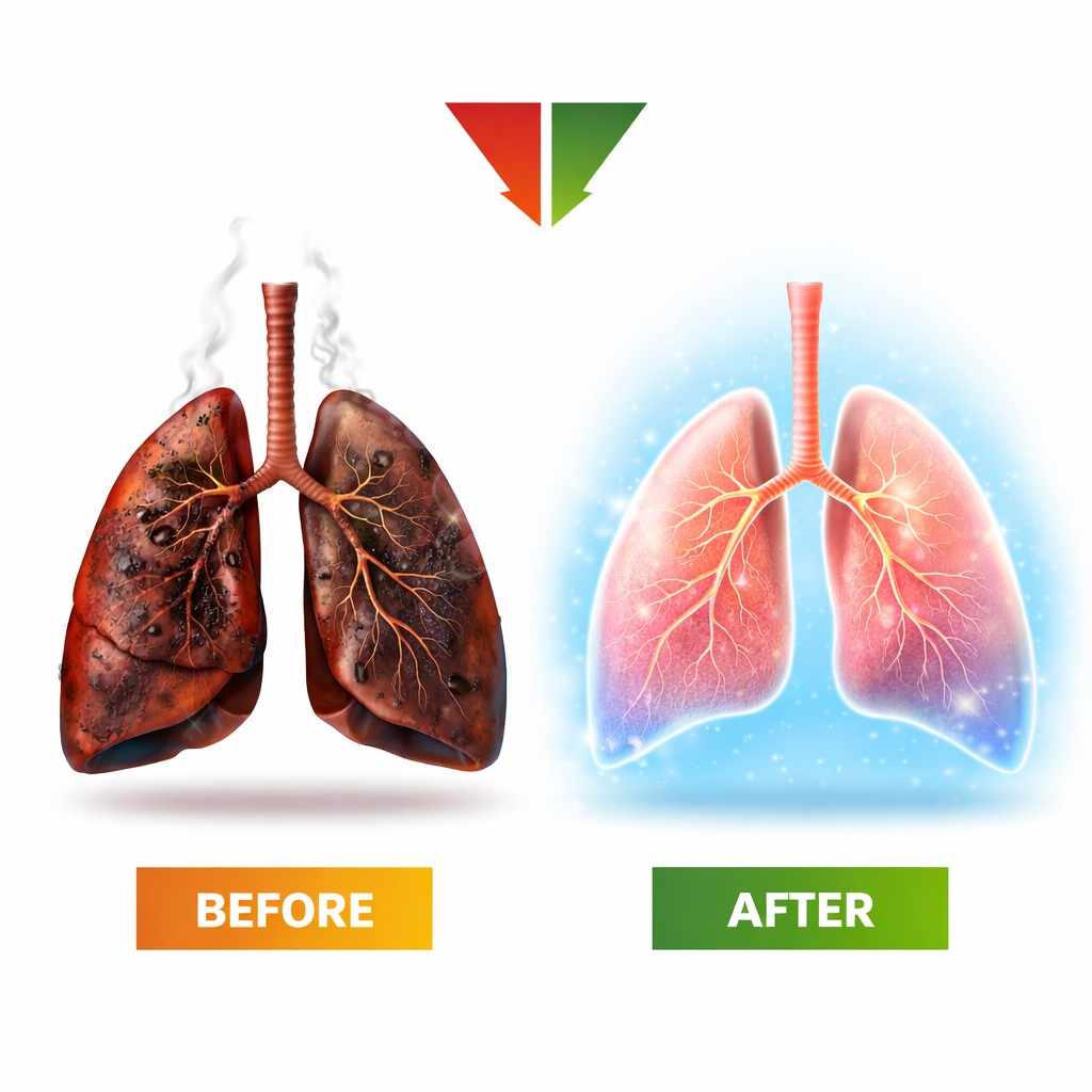 Pulmo Balance review lungs before and after improvement healthy vs unhealthy breathing illustration