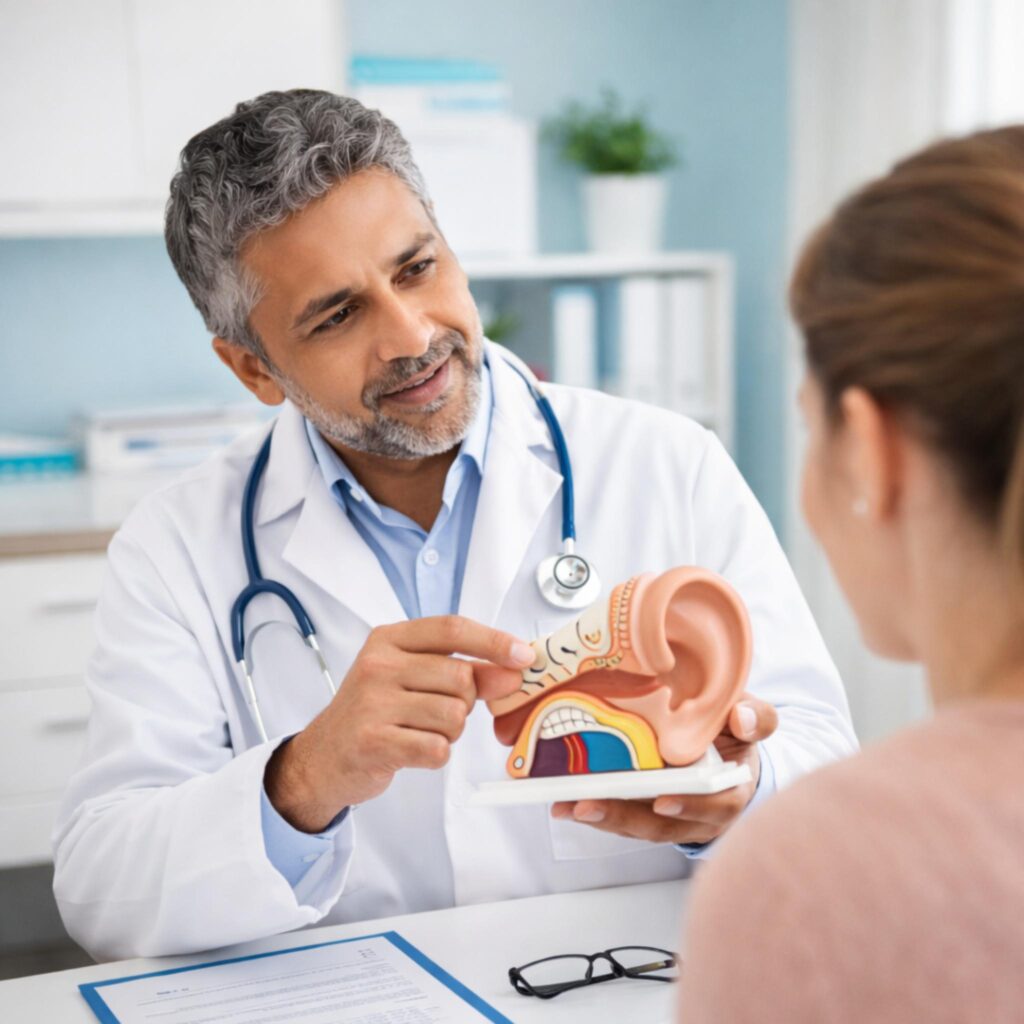 SharpEar review ear health consultation showing doctor explaining hearing anatomy and natural hearing support solutions