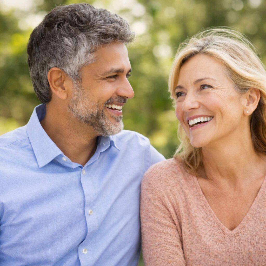 SharpEar review showing happy couple enjoying clear conversation after improving hearing health with natural hearing support supplement