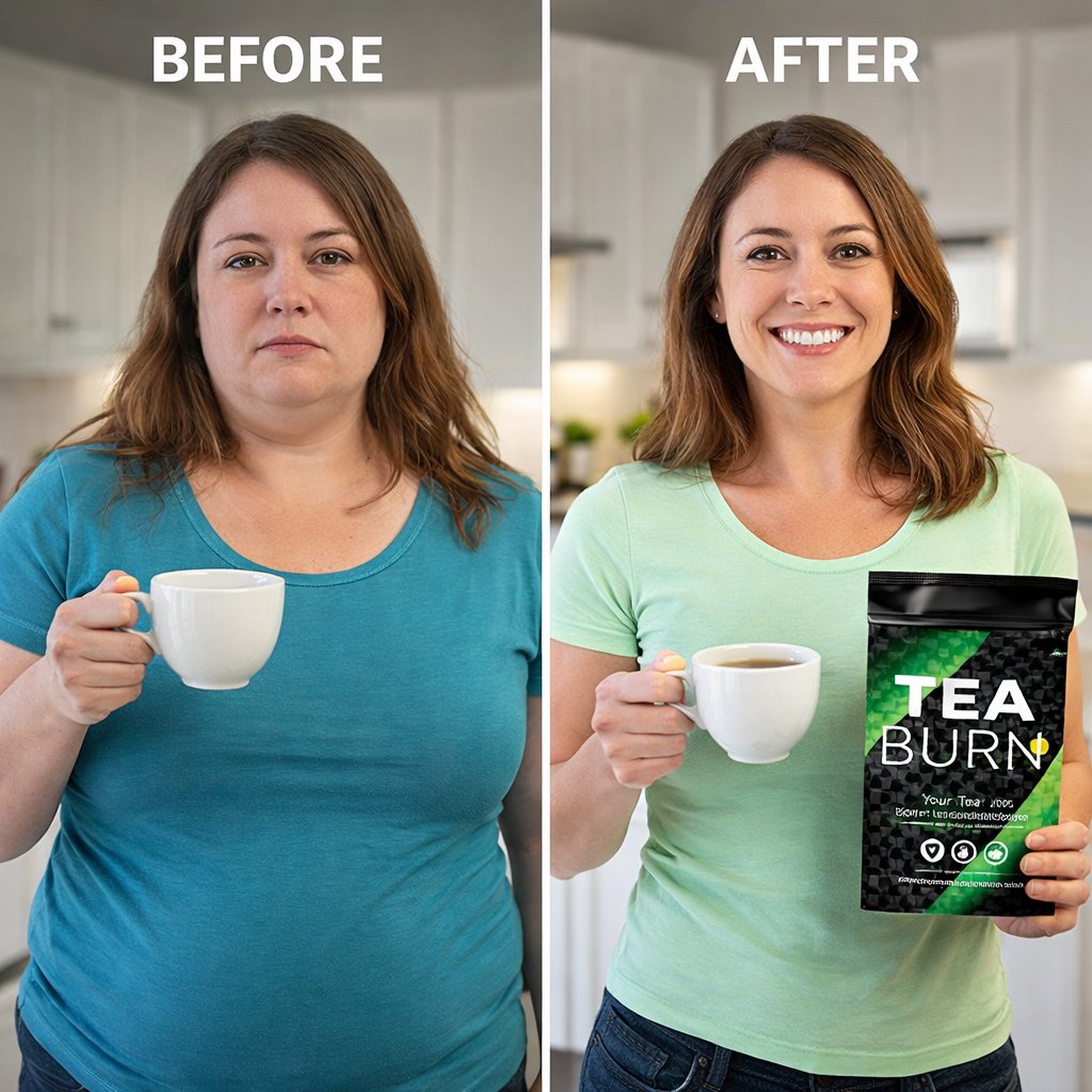 Tea Burn review before and after weight loss transformation woman drinking tea showing metabolism boost results
