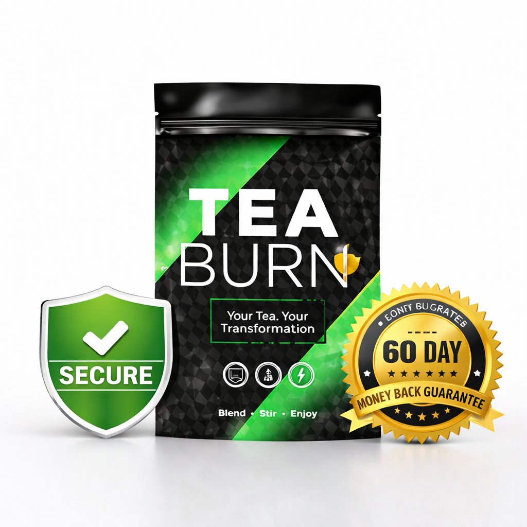 Tea Burn review official supplement pouch with 60 day money back guarantee badge showing legit weight loss product