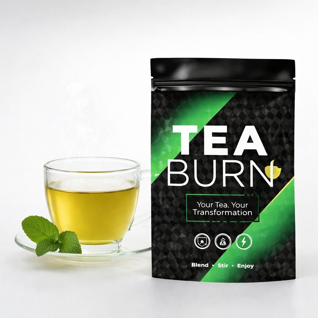 Tea Burn review supplement pouch next to hot green tea showing natural metabolism booster weight loss formula