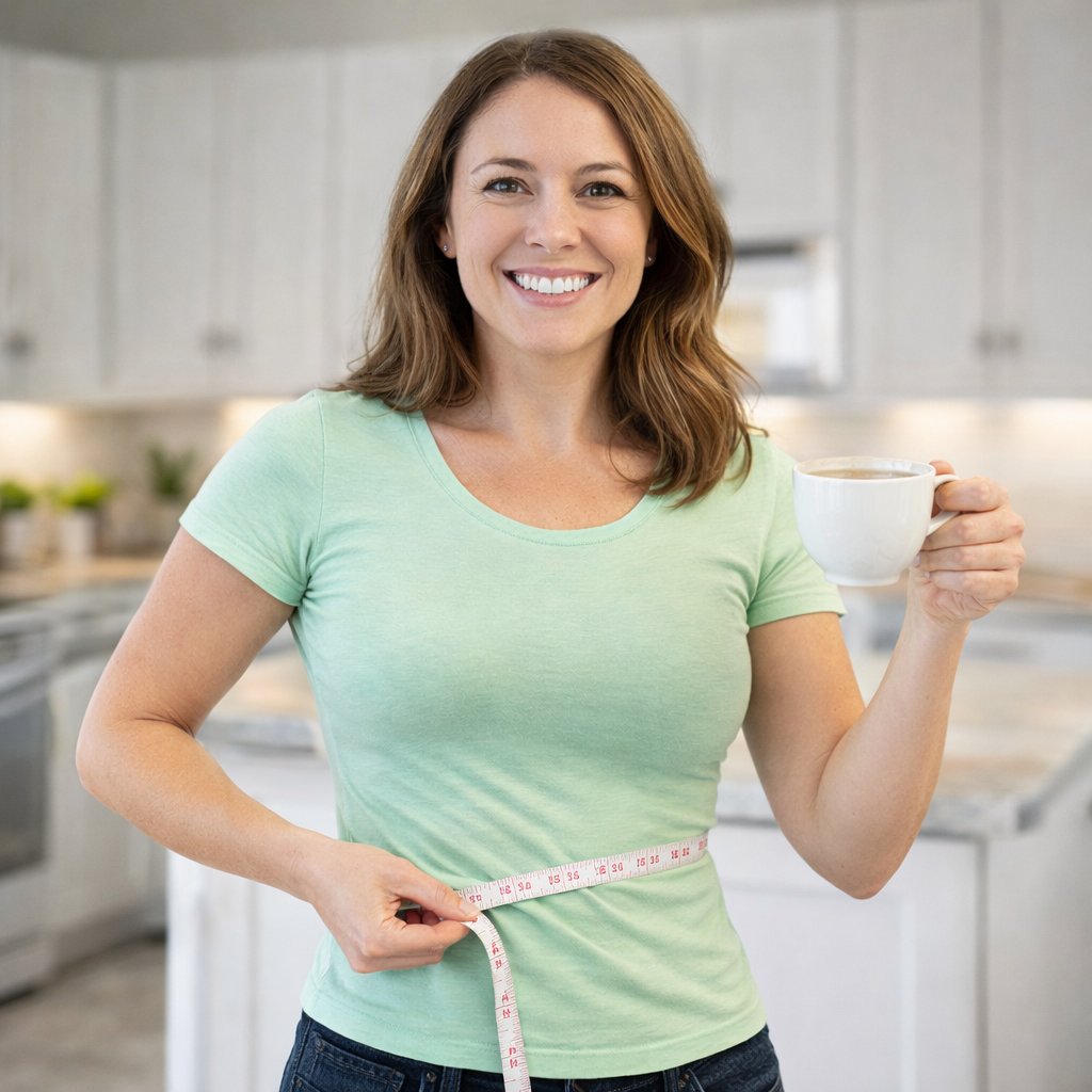 Tea Burn review healthy woman measuring waist while drinking tea showing natural weight loss and metabolism support