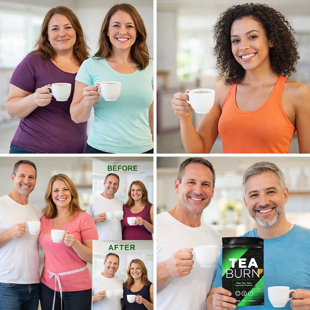 Tea Burn reviews happy users drinking tea showing successful weight loss and healthy lifestyle results
