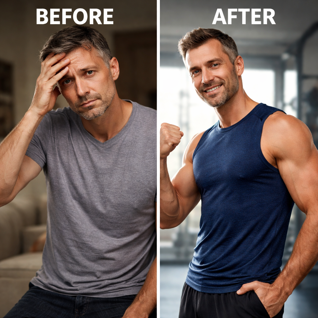 Tupi Tea review before and after results showing tired man vs energetic confident man with improved stamina and energy