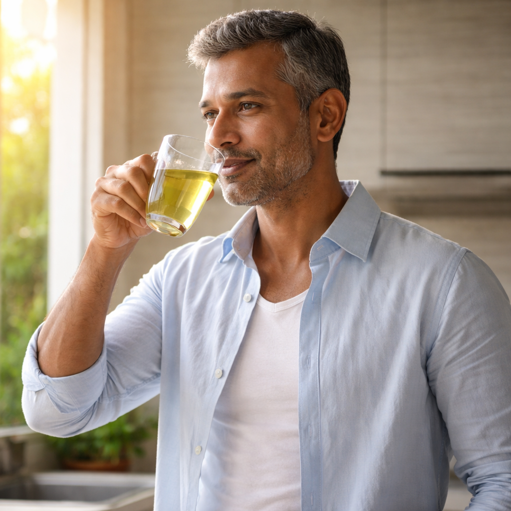 Tupi Tea review showing middle aged man drinking herbal tea for natural energy and stamina boost