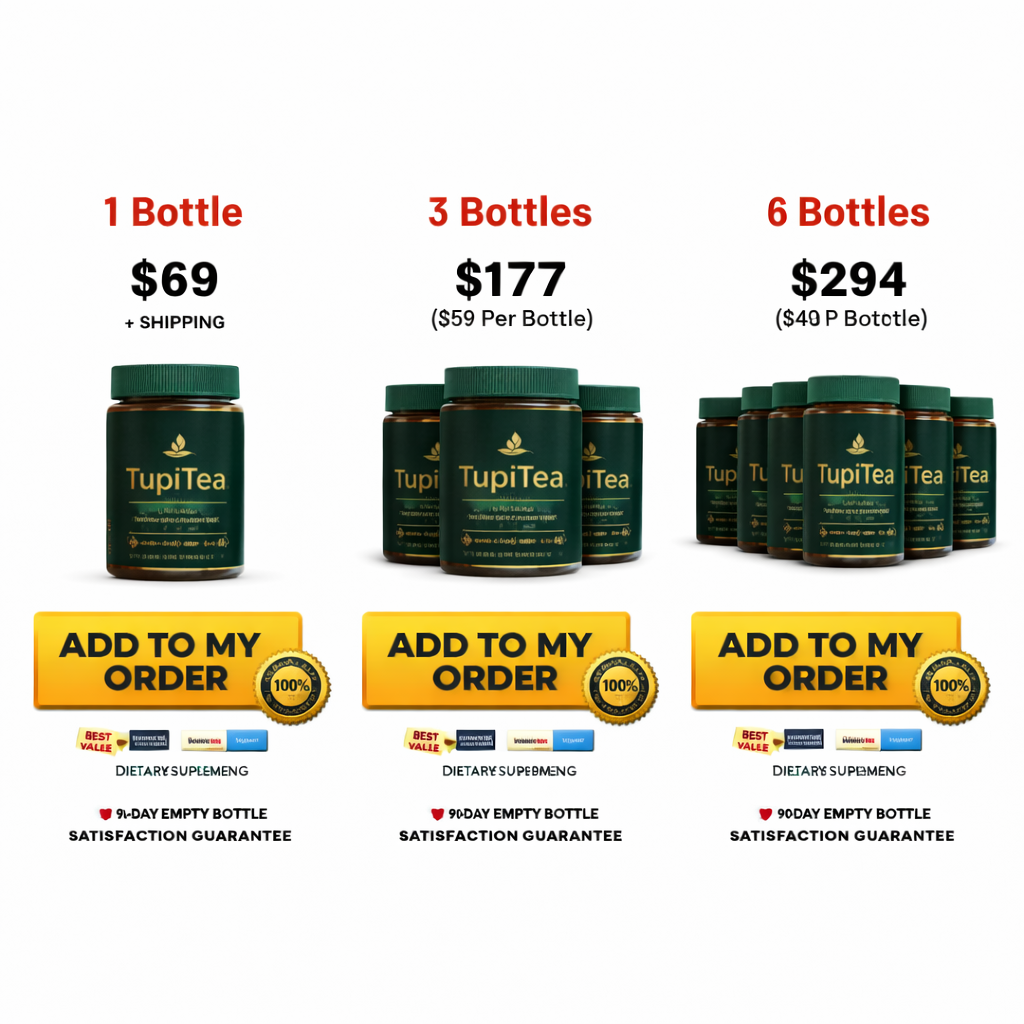 Tupi Tea review pricing packages showing supplement bottles discount bundle offer and best value deal
