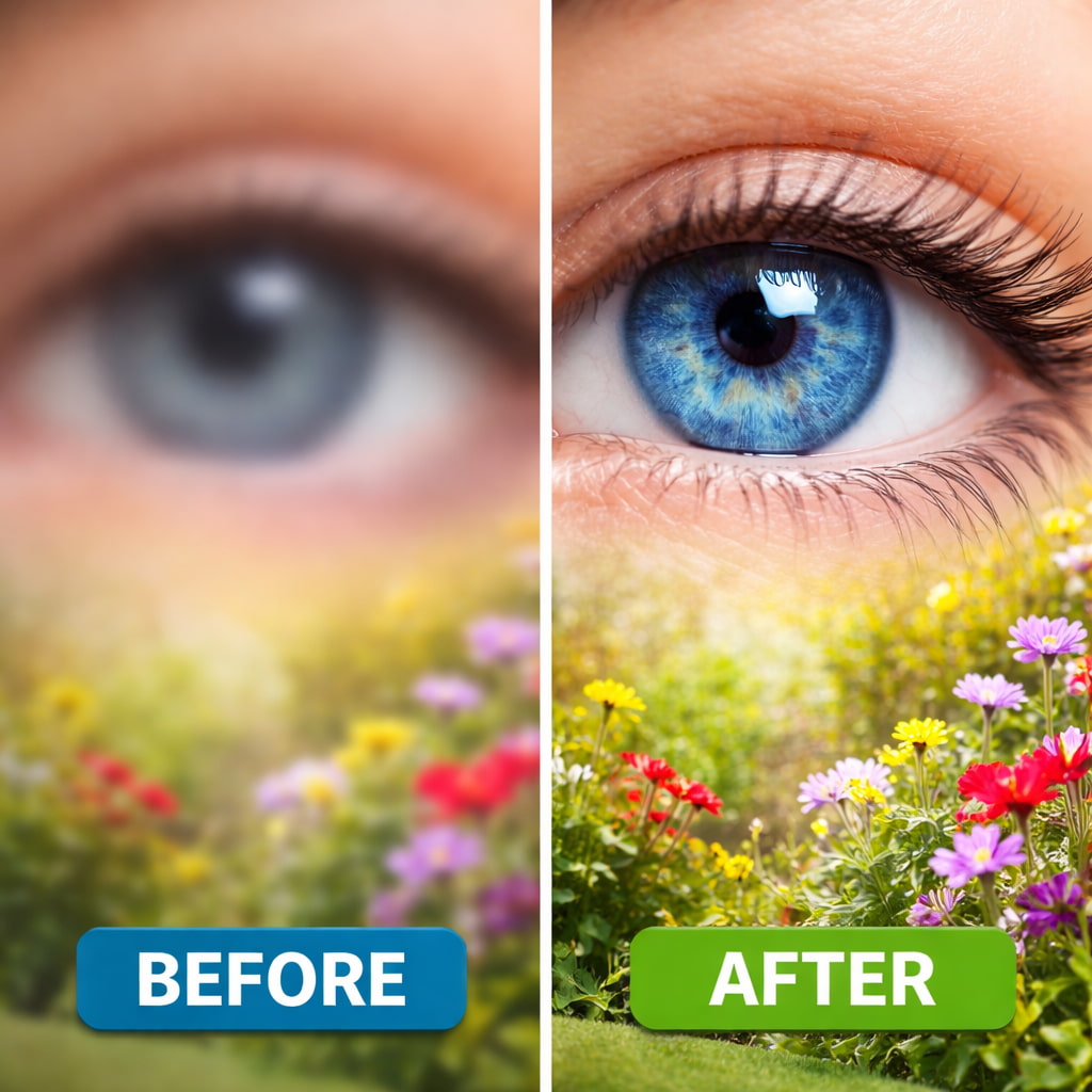 VisiFlora review before and after vision clarity comparison showing blurry eyesight vs sharp clear vision improvement naturally