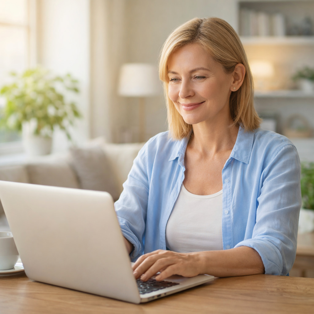 person using laptop comfortably with relaxed eyes after using VisiFlora for eye strain relief and improved vision clarity