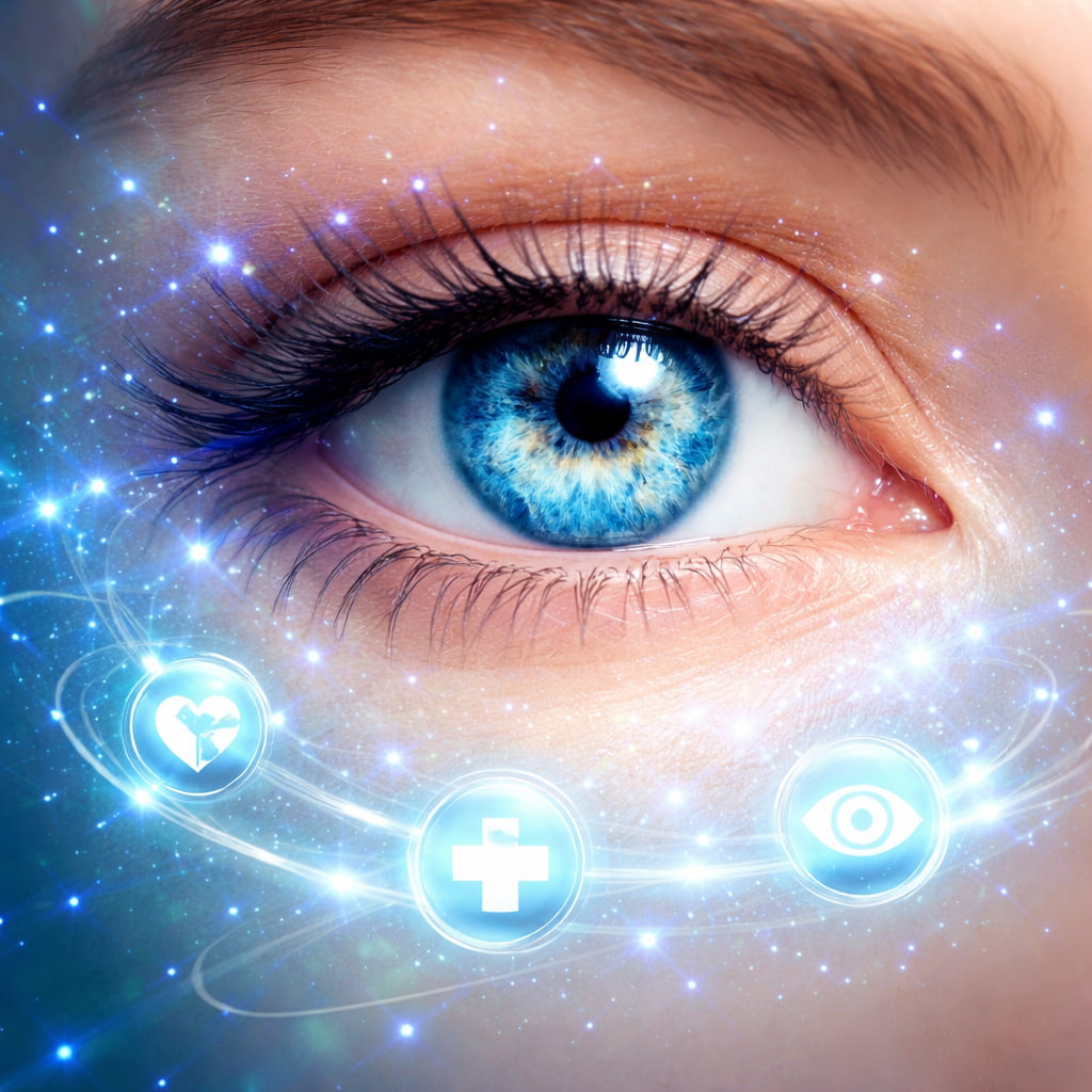 VisiFlora review futuristic eye health concept glowing eye with nutrients particles improving vision clarity and long term eye protection