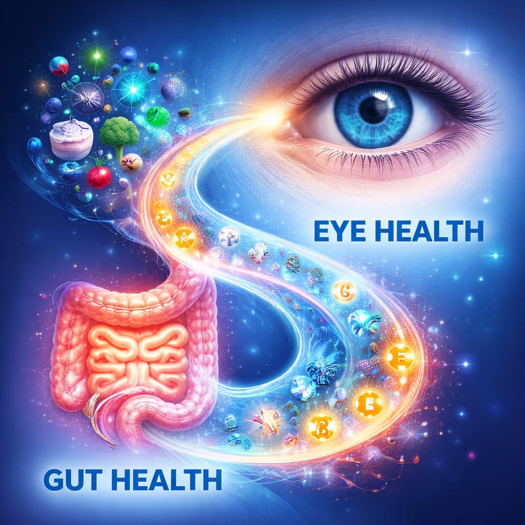 VisiFlora review gut eye connection diagram showing how gut health improves vision clarity and reduces eye strain naturally