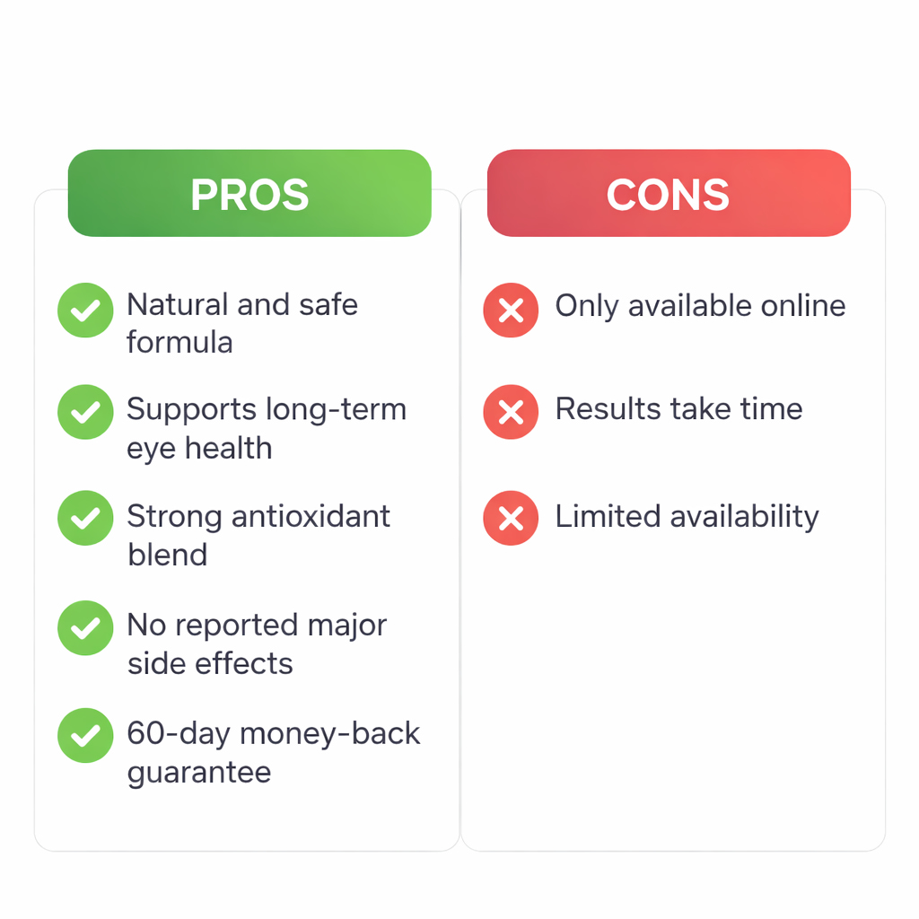 VisiFlora review pros and cons infographic showing benefits like improved vision clarity reduced eye strain and natural ingredients vs limitations