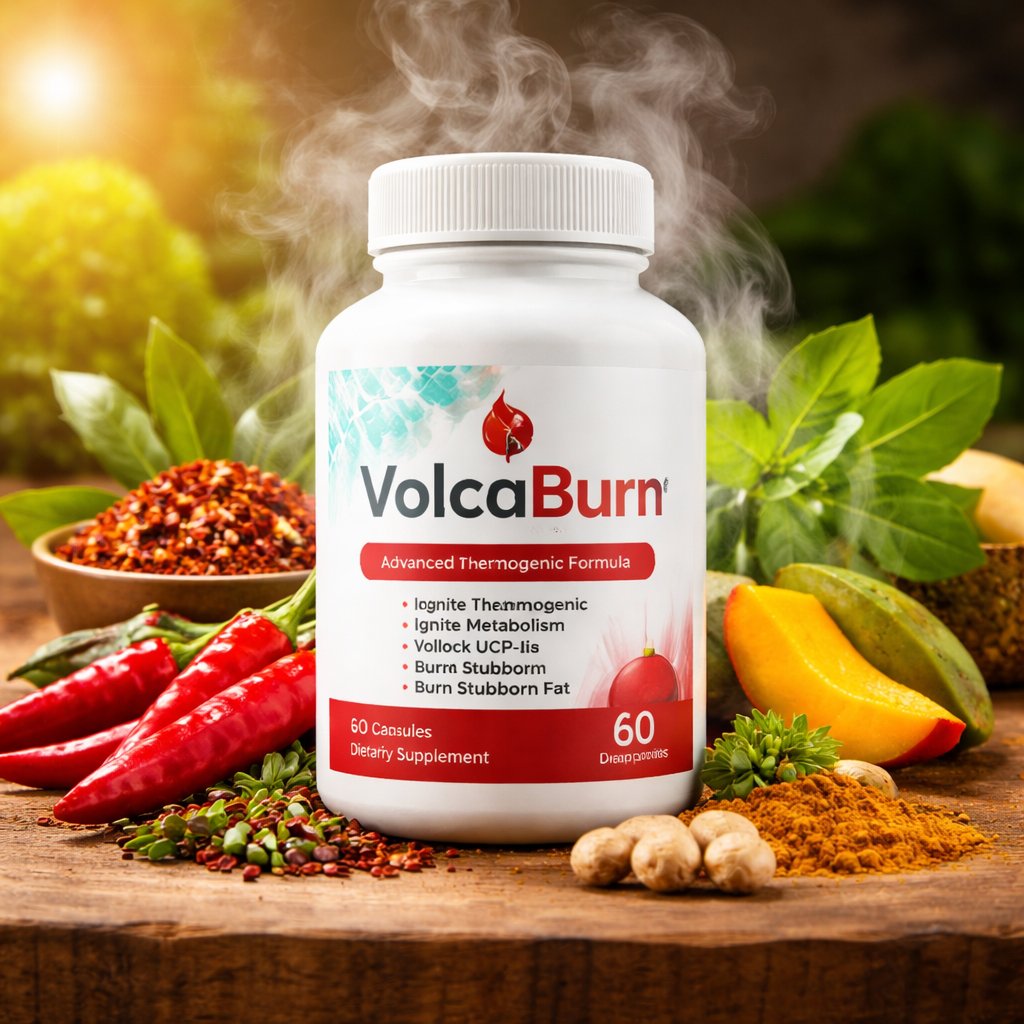 VolcaBurn fat burner supplement bottle with natural ingredients for metabolism and weight loss support