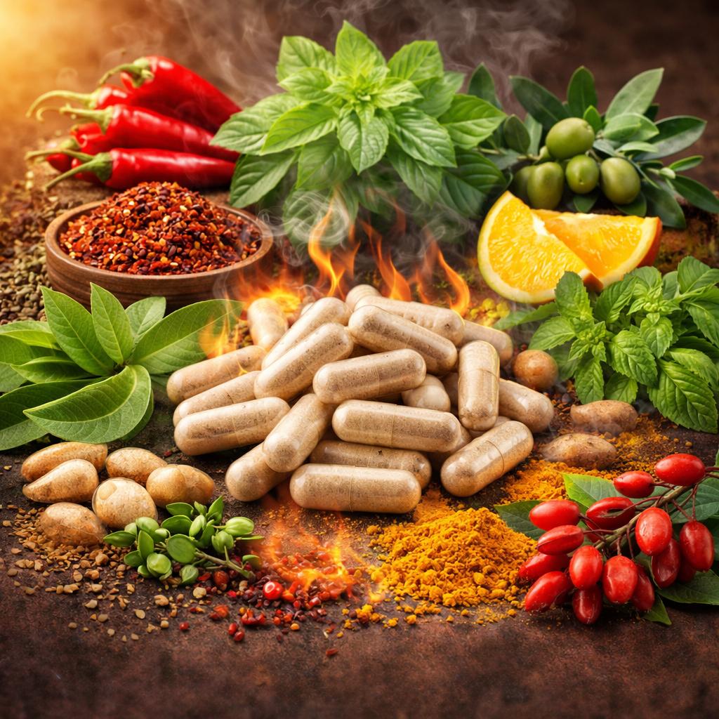 VolcaBurn review natural ingredients collage with fat burning capsules for metabolism and weight loss support