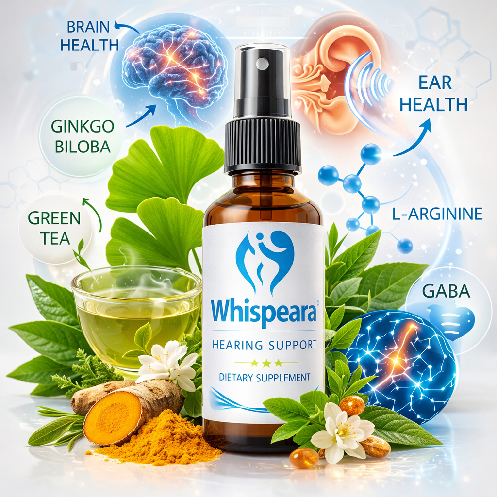 Whispeara review natural ingredients ginkgo biloba green tea L arginine GABA hearing support supplement for tinnitus relief and ear brain health