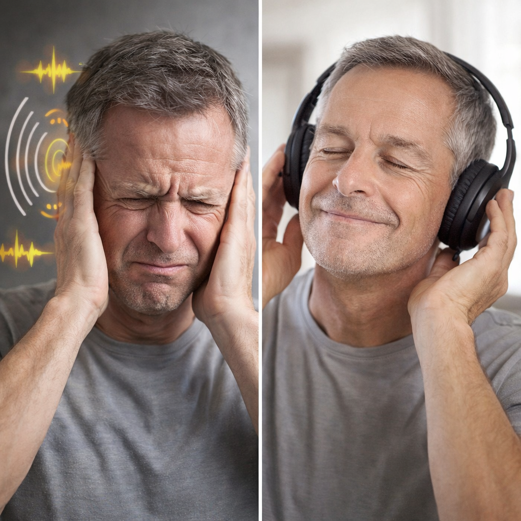 Whispeara review before and after tinnitus relief man covering ears ringing sound vs peaceful listening to music hearing improvement