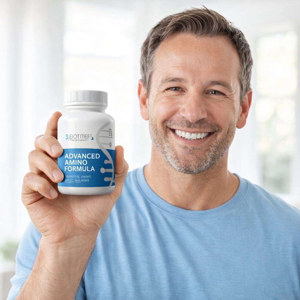 happy customer holding Advanced Amino Formula supplement showing results for muscle recovery and energy improvement