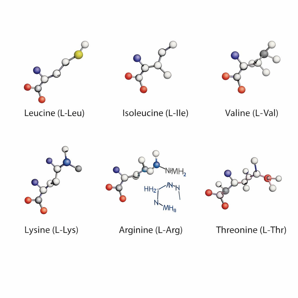 essential amino acids molecular structure diagram used in Advanced Amino Formula for muscle growth and energy support