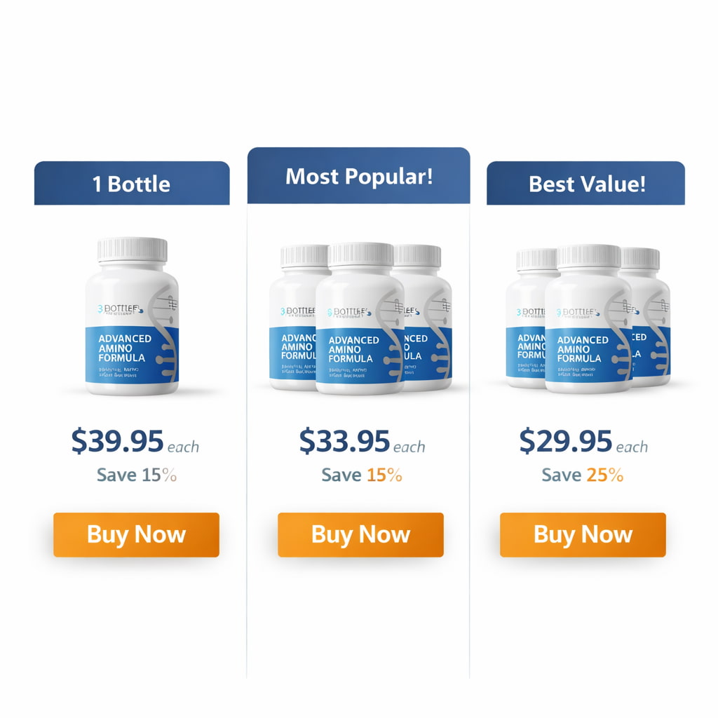 Advanced Amino Formula pricing bundles 1 bottle 3 bottle and 6 bottle packages with discount offers