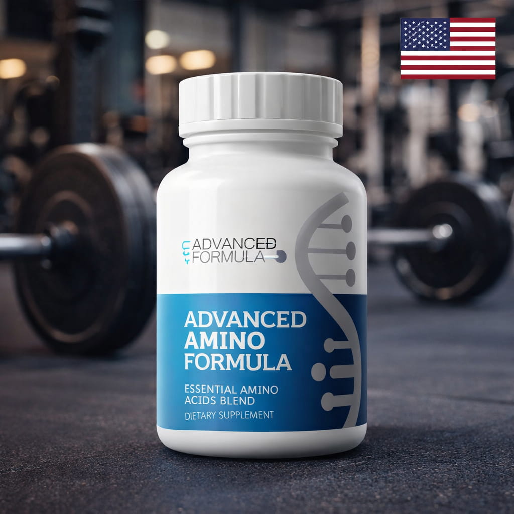 Advanced Amino Formula supplement bottle for muscle recovery, energy boost and amino acid absorption support