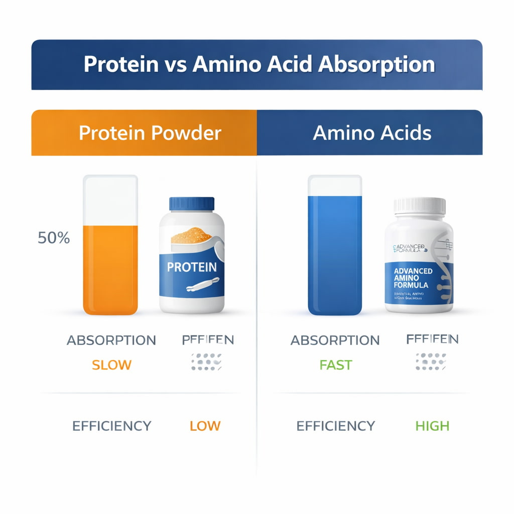 protein vs amino acids absorption comparison infographic showing Advanced Amino Formula benefits for faster muscle recovery