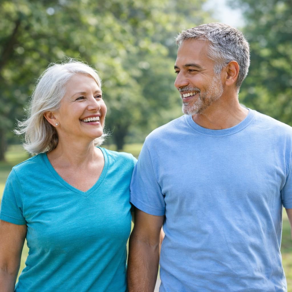 healthy middle aged couple walking outdoors active lifestyle blood sugar control wellness concept Blood Sugar Blaster review
