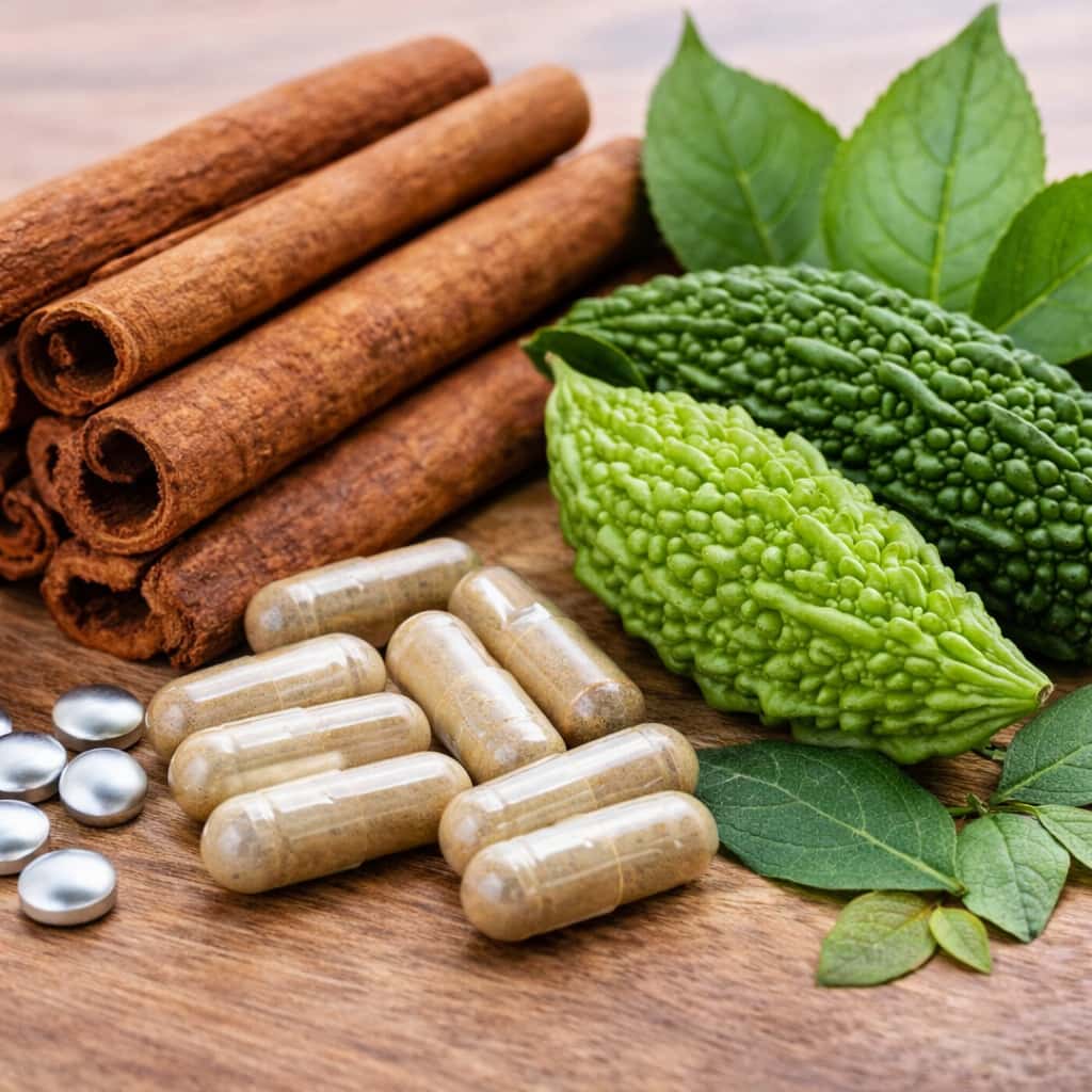 natural ingredients for blood sugar support including cinnamon sticks chromium capsules bitter melon and gymnema leaves for Blood Sugar Blaster review
