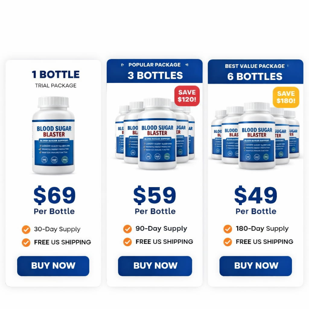 Blood Sugar Blaster pricing packages showing 1 bottle 3 bottles and 6 bottles discount offers official website deal