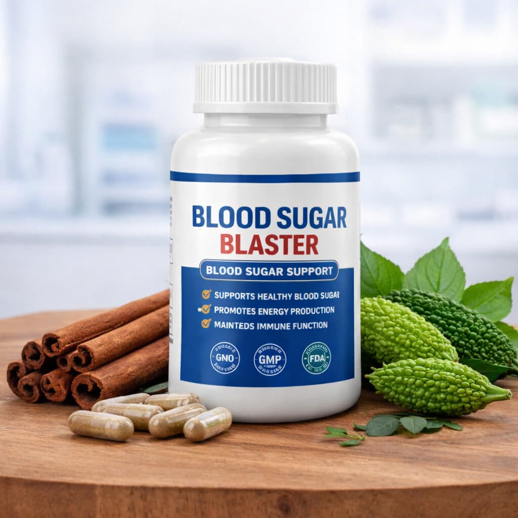 Blood Sugar Blaster supplement bottle with natural ingredients like cinnamon, bitter melon, and gymnema for healthy blood sugar support
