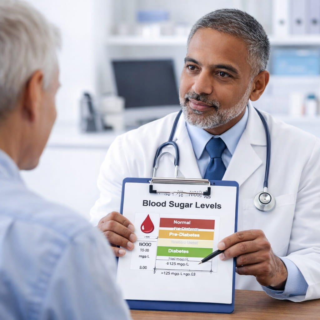 doctor explaining blood sugar levels chart to patient in clinic showing normal prediabetes and diabetes ranges Blood Sugar Blaster review