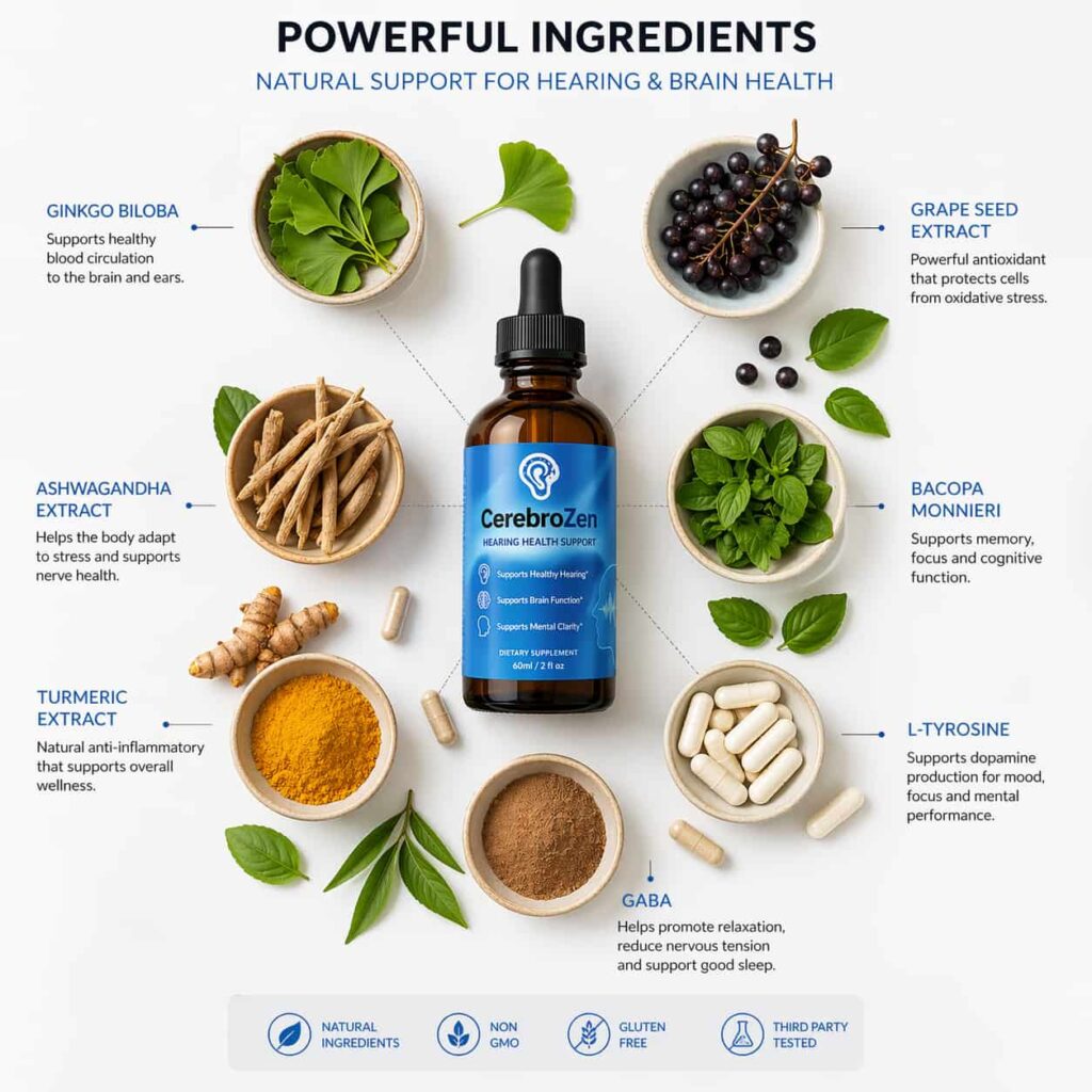 CerebroZen ingredients infographic showing natural herbs capsules and antioxidants for hearing health support and brain function improvement