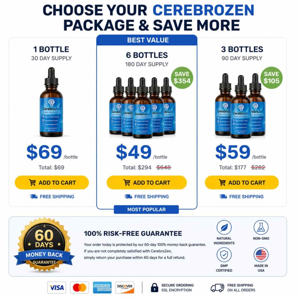 CerebroZen pricing packages discount offer 1 bottle 3 bottle 6 bottle deal with money back guarantee hearing support supplement