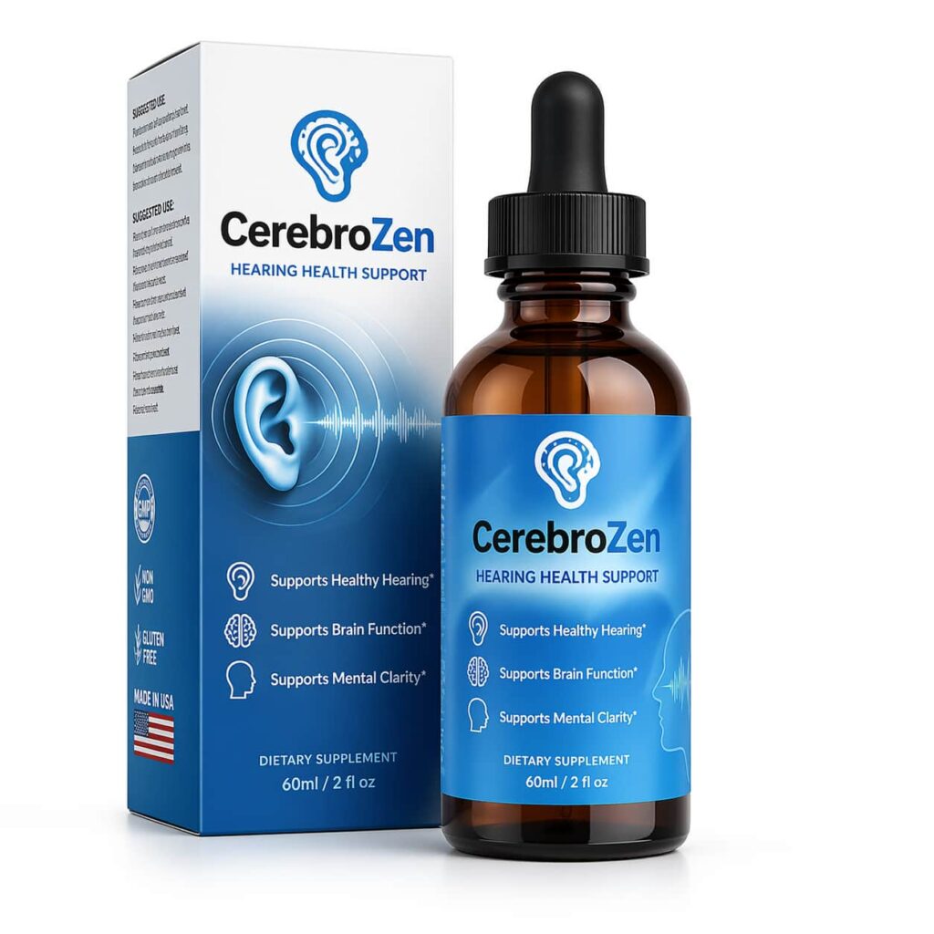 CerebroZen review supplement bottle for hearing health support and brain clarity natural tinnitus relief formula