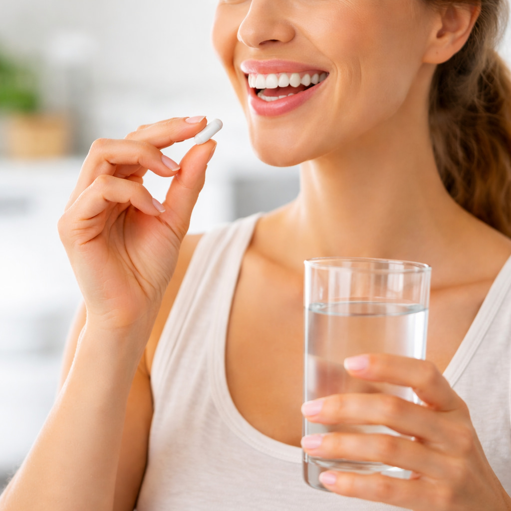 person taking DentalPrime supplement tablet with water daily oral health routine for healthy gums fresh breath strong teeth