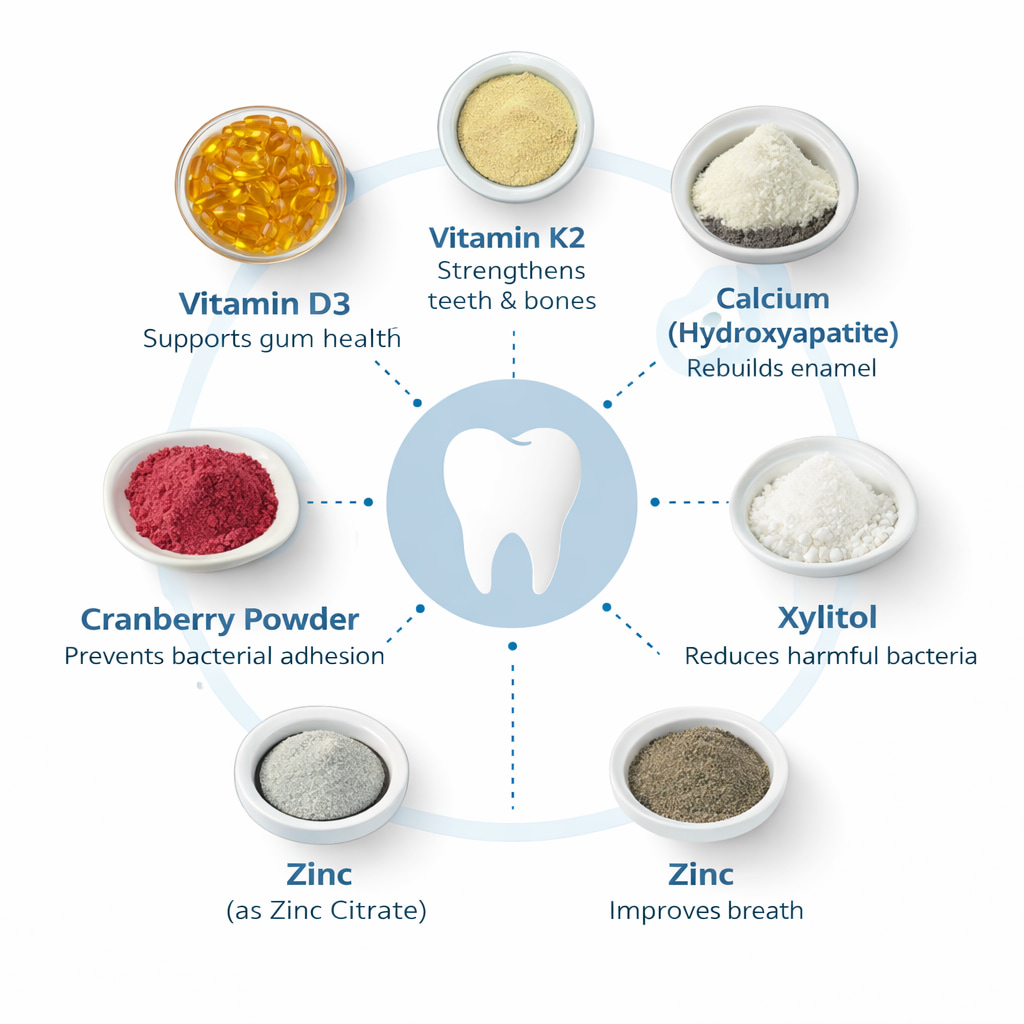 DentalPrime ingredients infographic showing vitamin D3 K2 calcium hydroxyapatite xylitol cranberry zinc for oral health support