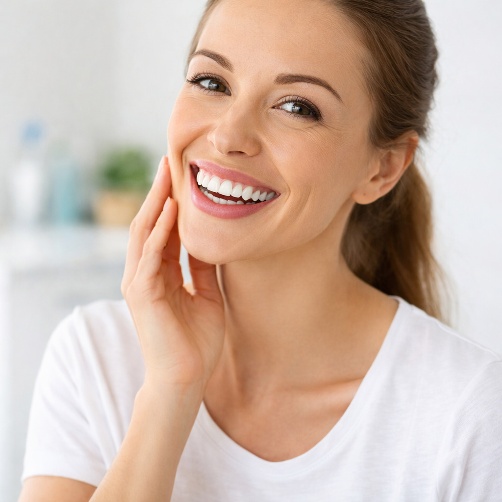confident smiling person with healthy white teeth after using DentalPrime oral health supplement for fresh breath and strong gums