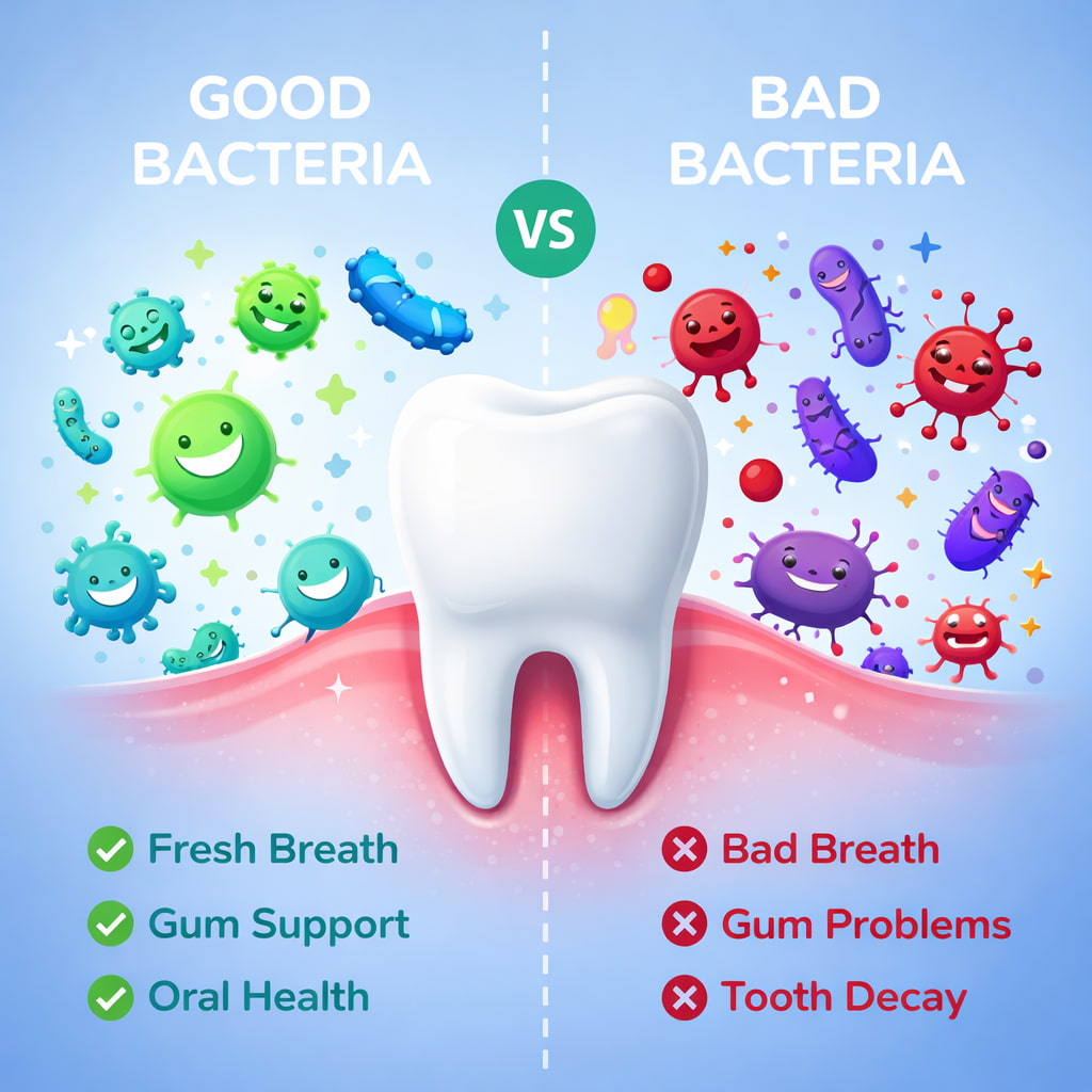 Dentolyn review oral microbiome good vs bad bacteria dental health fresh breath gum support illustration