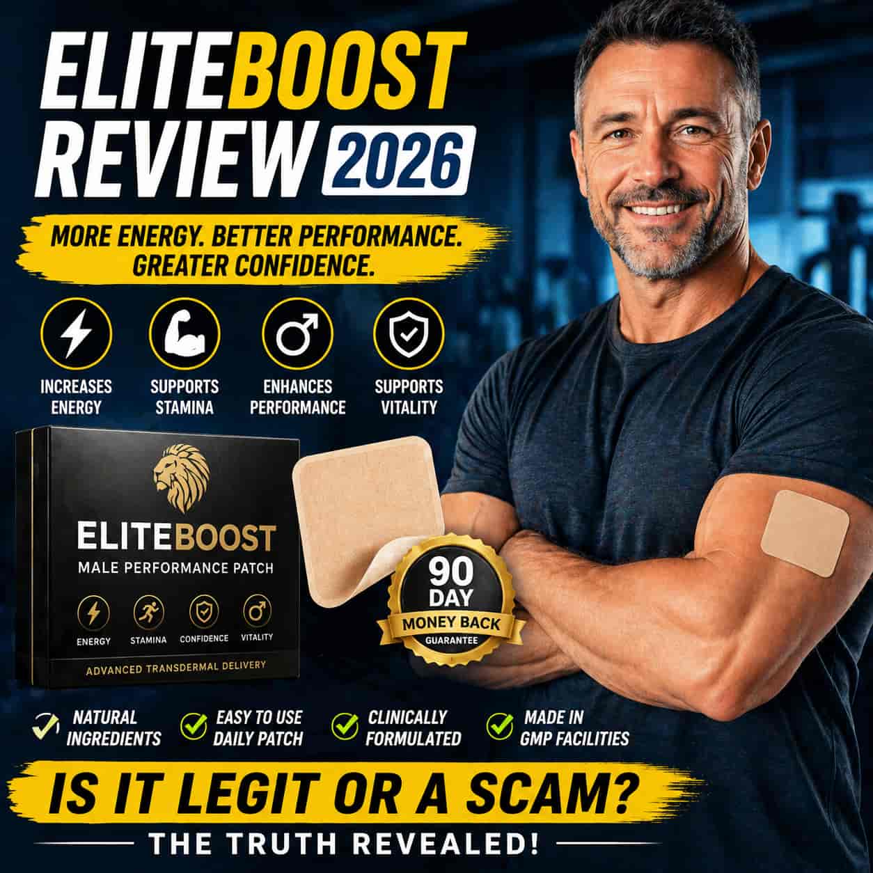 EliteBoost review featured image showing male performance patch with confident athletic man and product benefits for stamina energy and male vitality support