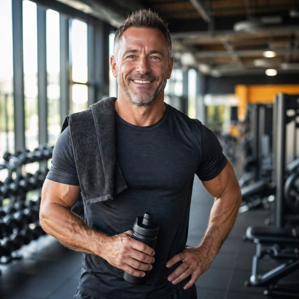 EliteBoost review male vitality benefits image showing confident athletic middle aged man after workout representing energy stamina and performance support