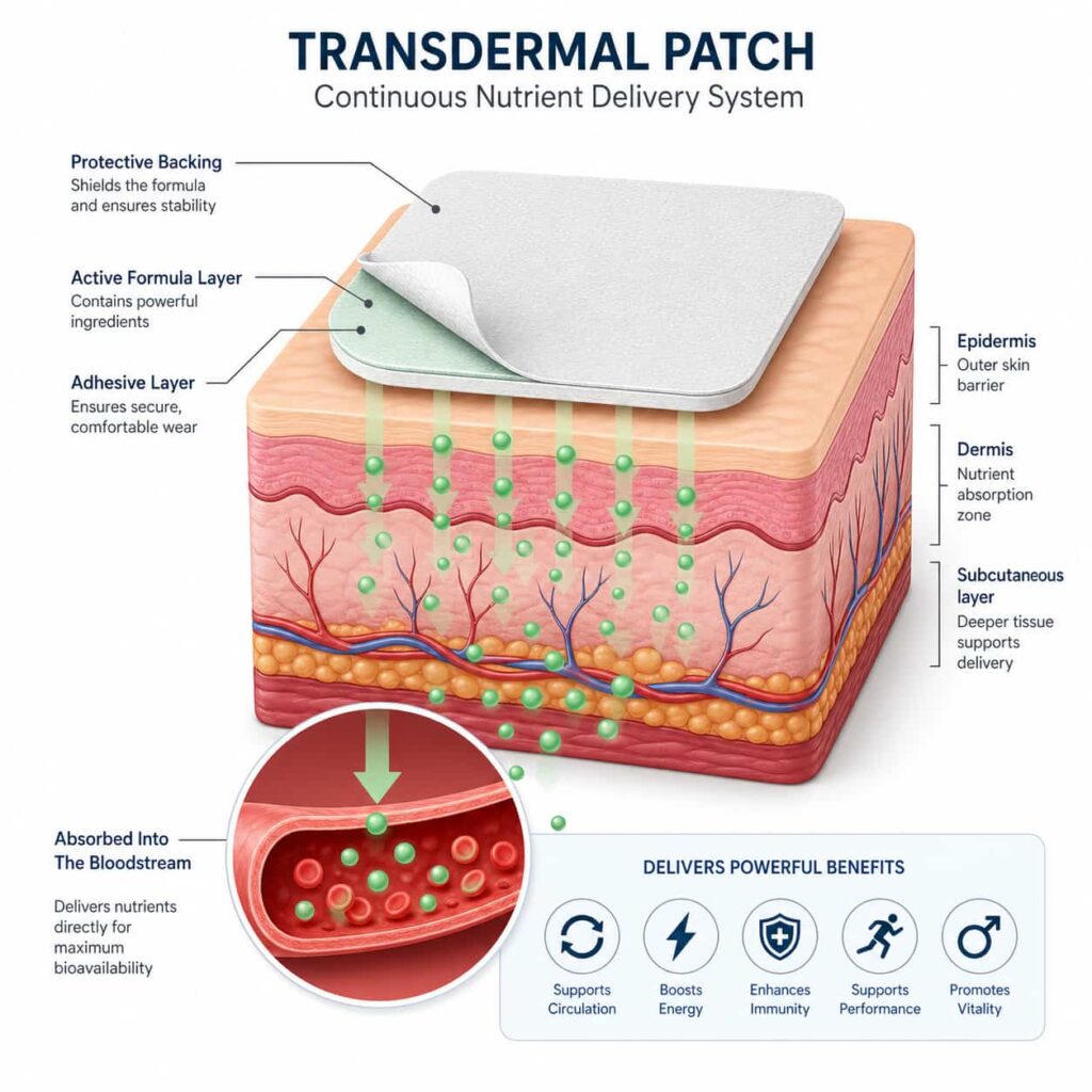 EliteBoost review transdermal patch illustration showing how the wellness patch delivers nutrients through skin into bloodstream for male vitality support
