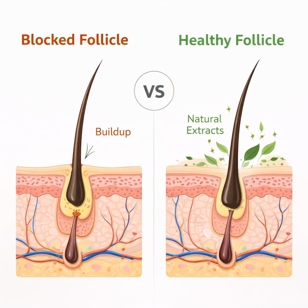 FoliPrime review hair follicle diagram showing blocked vs healthy follicles and how scalp detox improves hair growth naturally