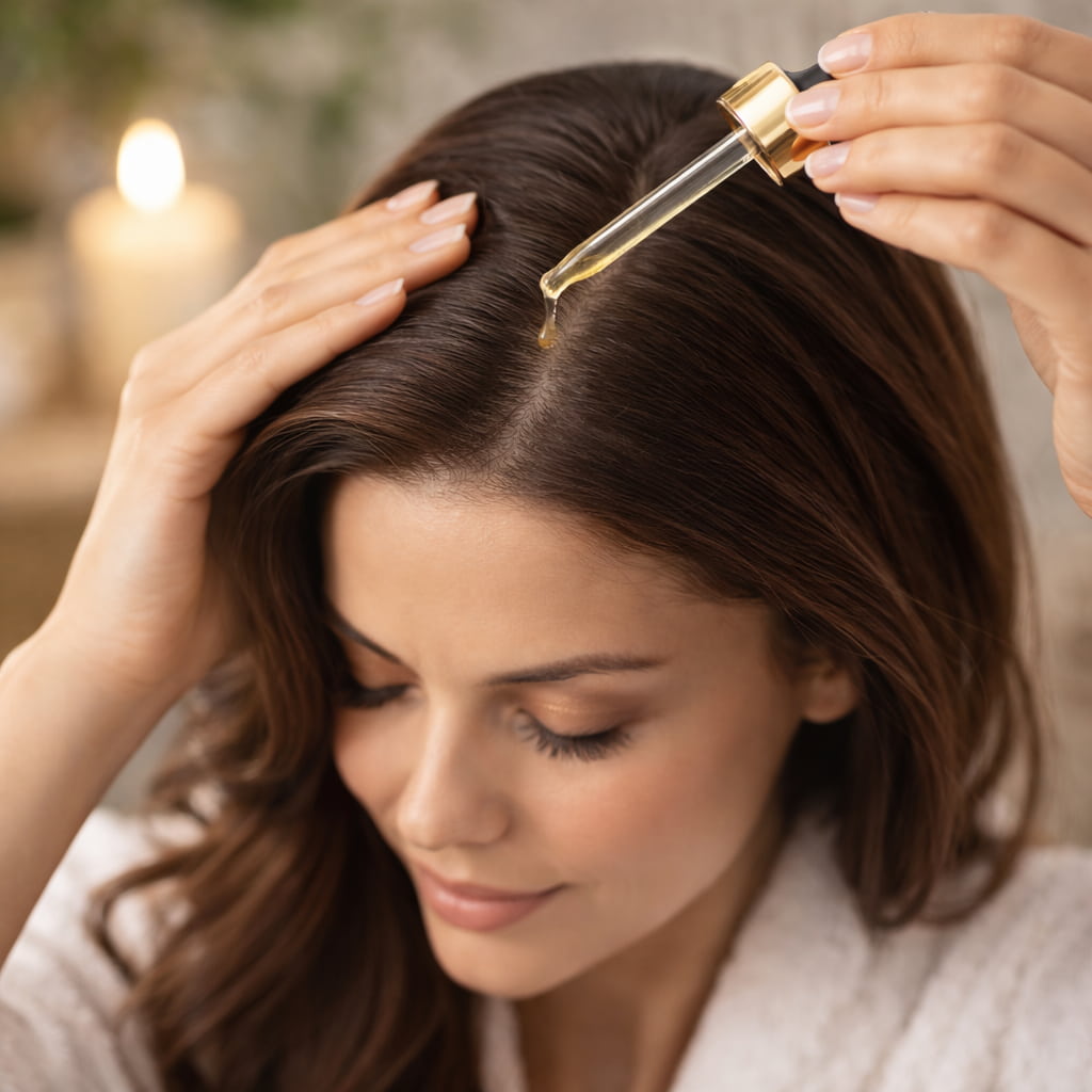 FoliPrime review applying hair serum to scalp for hair growth treatment improving scalp health and reducing hair fall naturally