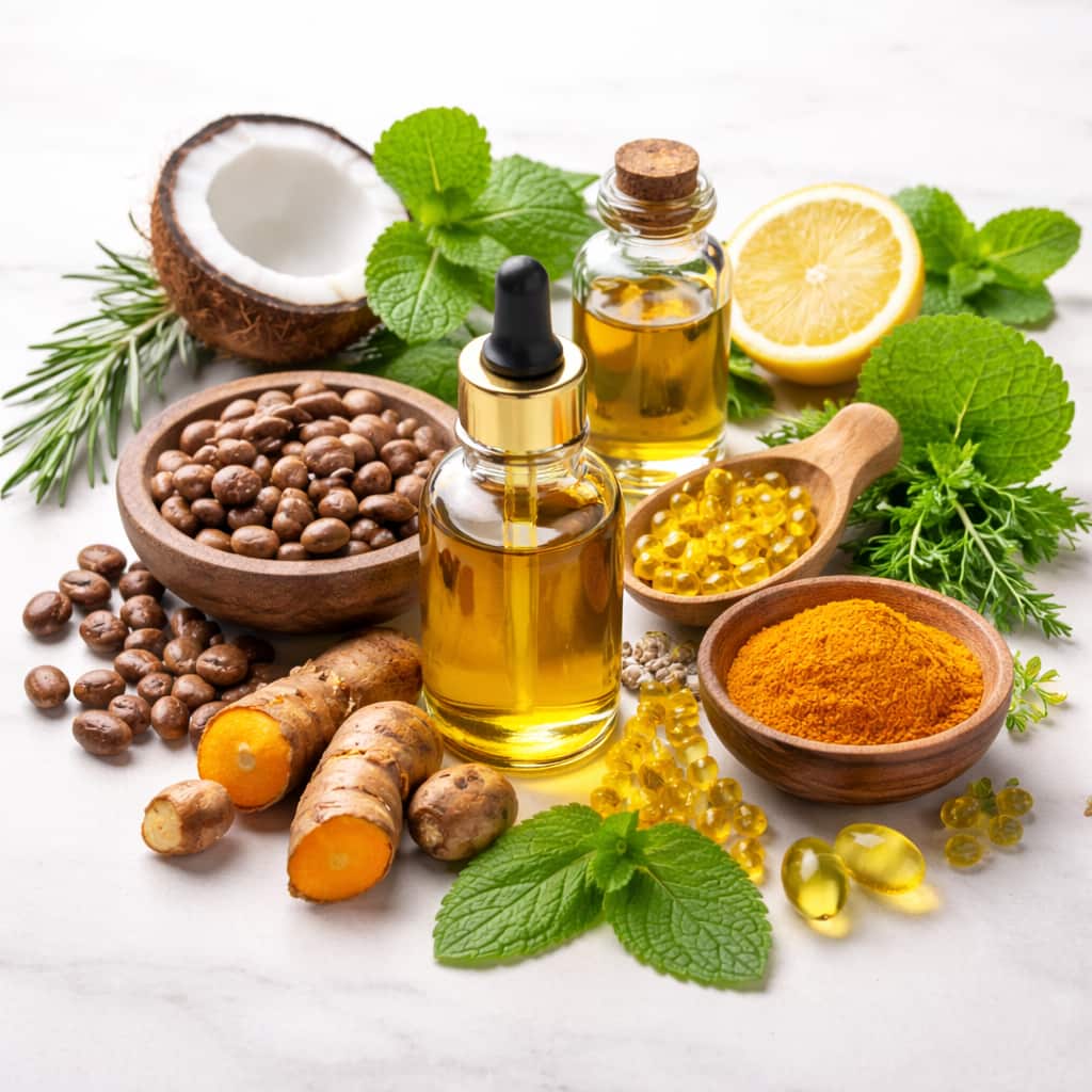 FoliPrime ingredients natural oils and herbs including castor oil turmeric biotin for hair growth and scalp health support