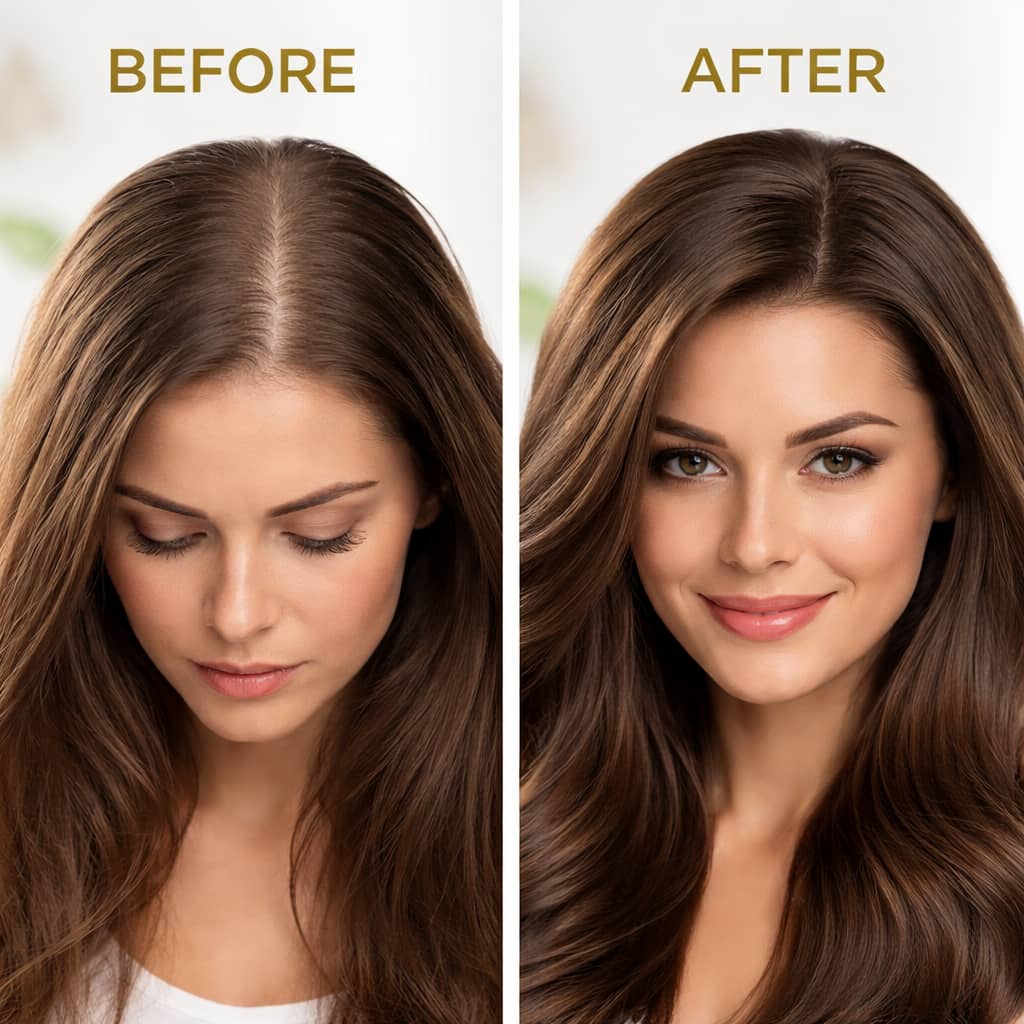 FoliPrime review before and after hair growth results showing hair thinning vs thick healthy hair transformation naturally