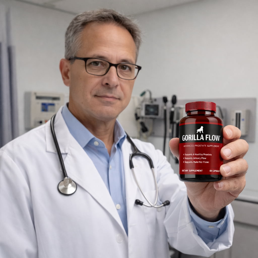 doctor holding GORILLA FLOW supplement bottle prostate health urinary support review product legit