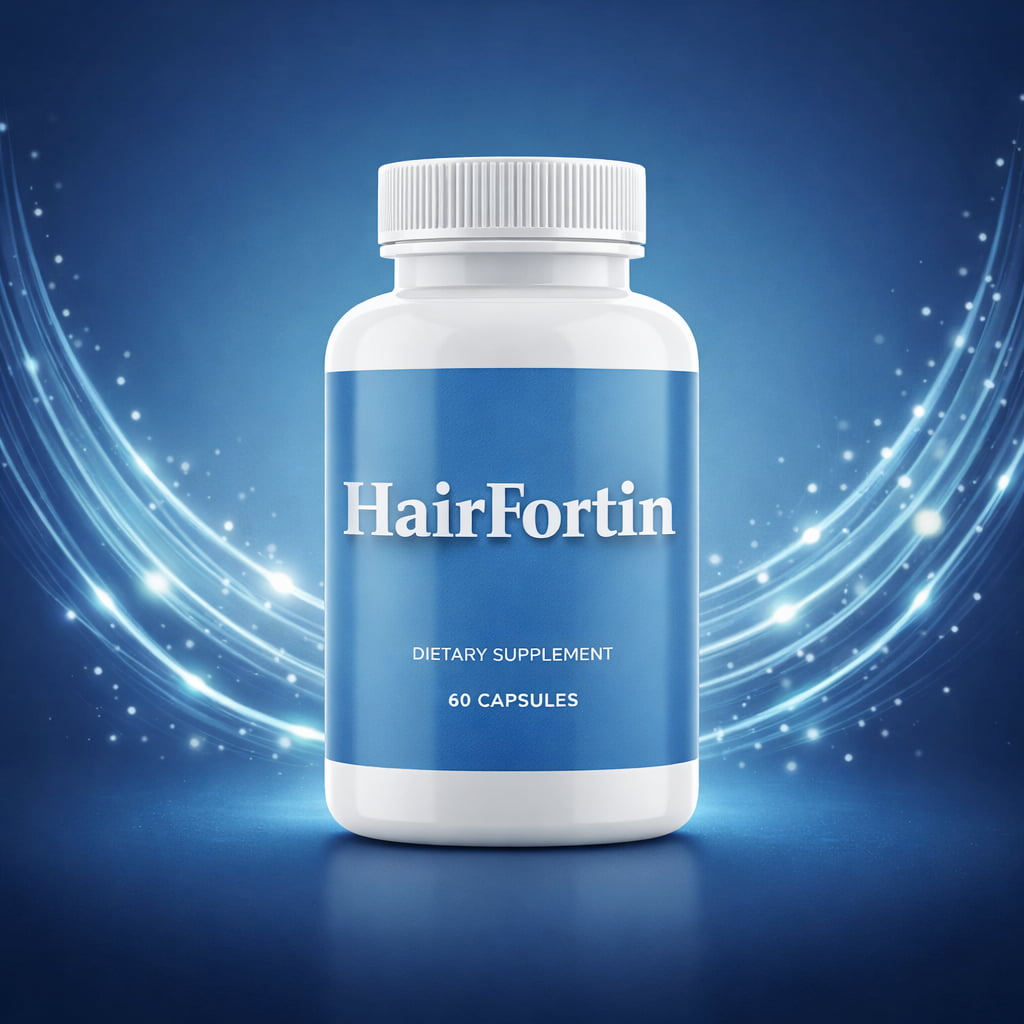 HairFortin supplement bottle for natural hair growth support on blue background – HairFortin review product image
