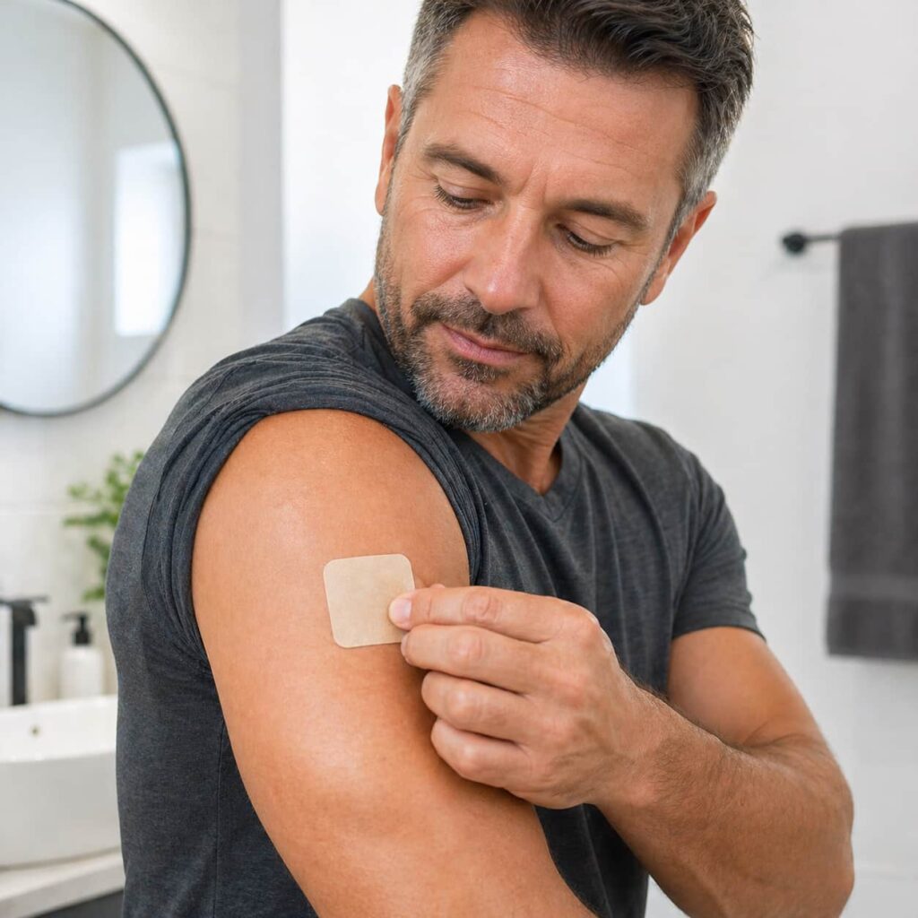 EliteBoost review image showing man applying wellness patch to upper arm demonstrating how to use EliteBoost male support patch daily